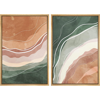 Abstract Wave Art in Green and Brown - Modern Chic Oil Paintings for Home Decor
