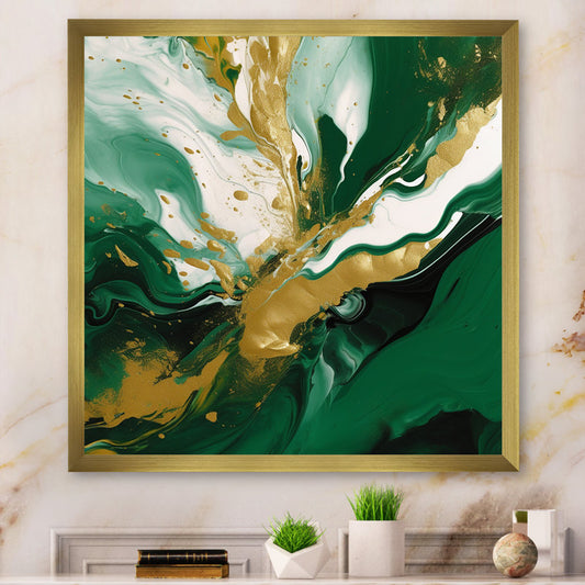 Emerald Elegance: Captivating Green and Gold Abstract Oil Painting