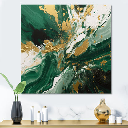 Emerald Elegance: Gold and Green Abstract Oil Painting for Modern Décor