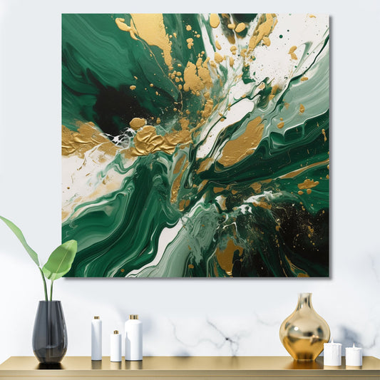 Emerald Elegance: Gold and Green Abstract Oil Painting for Modern Décor
