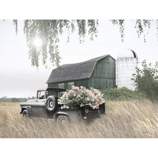 Charming Farm Scene with Blossoming Flowers and Vintage Truck