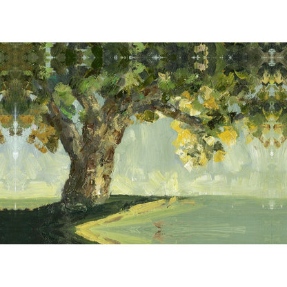 Serene Green Tree Abstract Oil Painting with Overhanging Branches