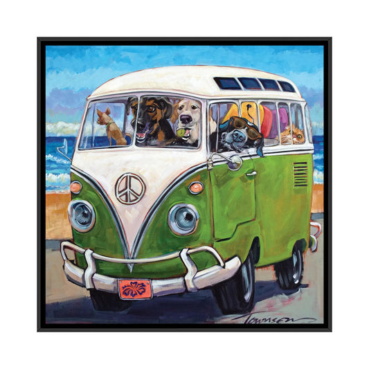 Playful Dogs in Vintage VW Van Beach Adventure Oil Painting