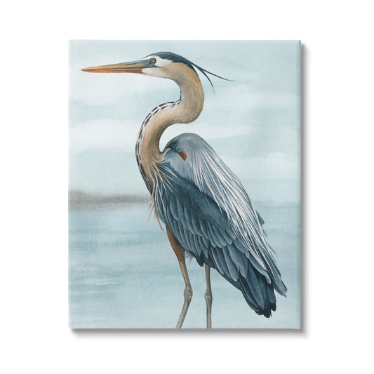 Grace Popp Heron Bird Oil Painting on Beach - Serene Coastal Art Print