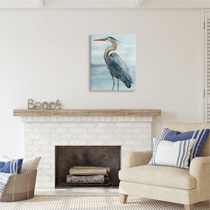 Grace Popp Heron Bird Oil Painting on Beach - Serene Coastal Art Print