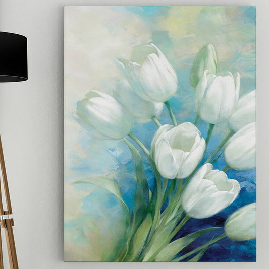 Serene White Tulips in Bloom - Elegant Floral Oil Painting Perfect for Home Decor