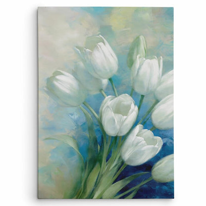 Serene White Tulips in Bloom - Elegant Floral Oil Painting Perfect for Home Decor
