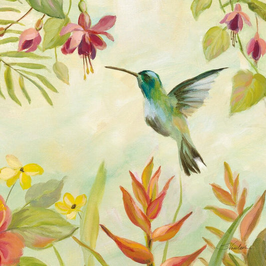 Enchanting Hummingbird Amid Vibrant Blooming Flowers Oil Painting