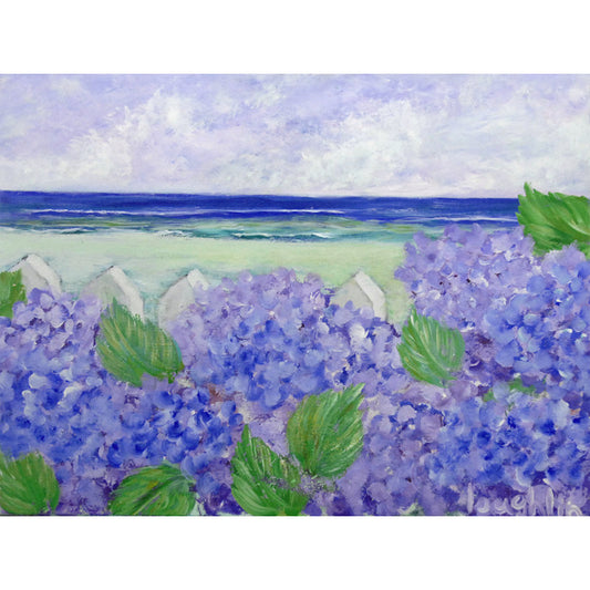 Serene Coastal Hydrangeas: Vibrant Ocean View Oil Painting