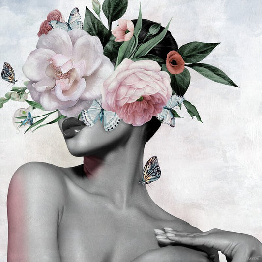 Floral Elegance: Stunning Oil Painting of Beauty with Butterflies and Blossoms
