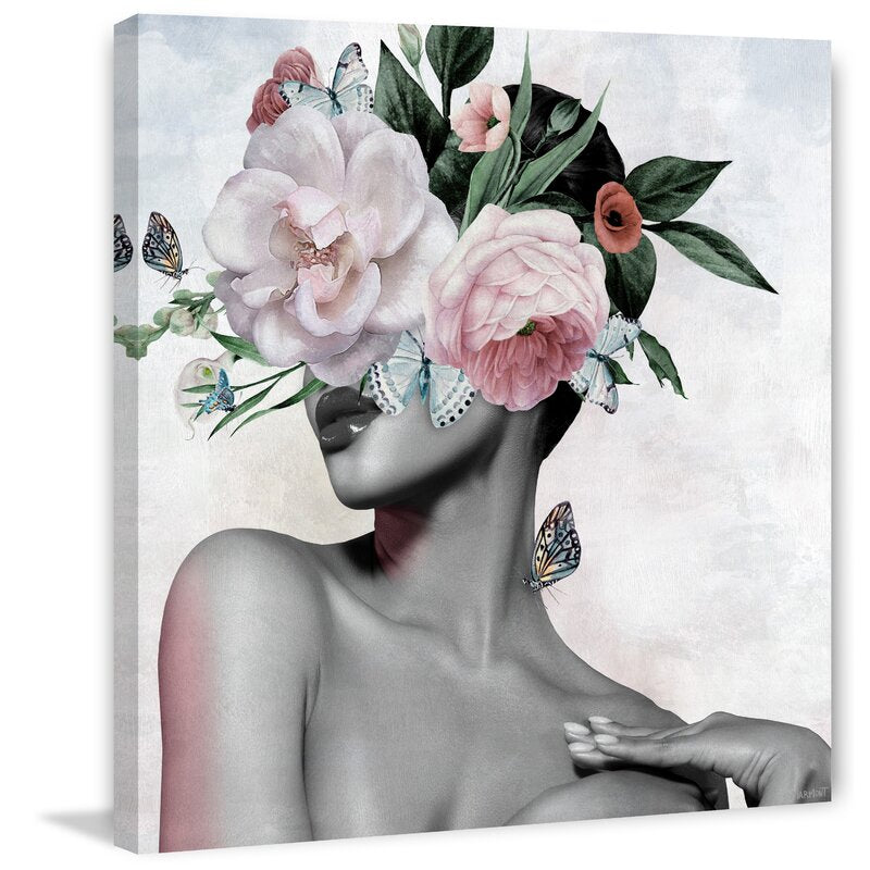 Floral Elegance: Stunning Oil Painting of Beauty with Butterflies and Blossoms