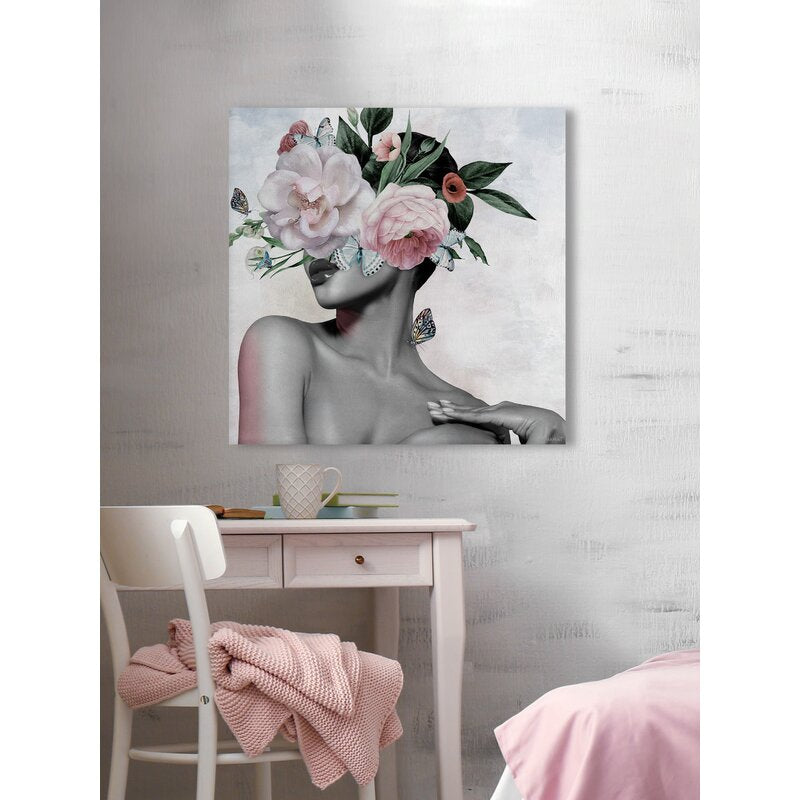 Floral Elegance: Stunning Oil Painting of Beauty with Butterflies and Blossoms