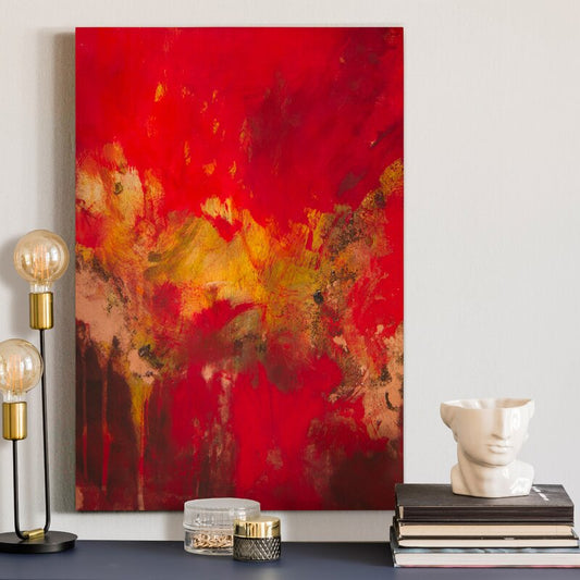 Vibrant Abstract Oil Painting in Red and Gold for Modern Home Decor
