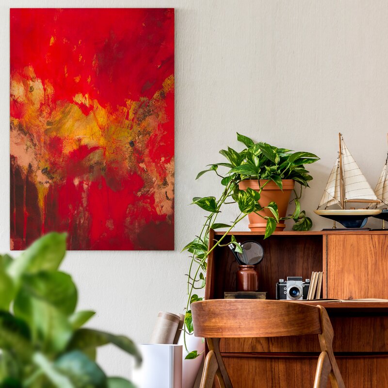 Vibrant Abstract Oil Painting in Red and Gold for Modern Home Decor