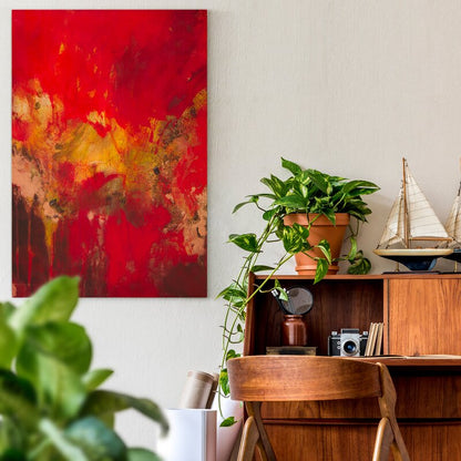 Vibrant Abstract Oil Painting in Red and Gold for Modern Home Decor