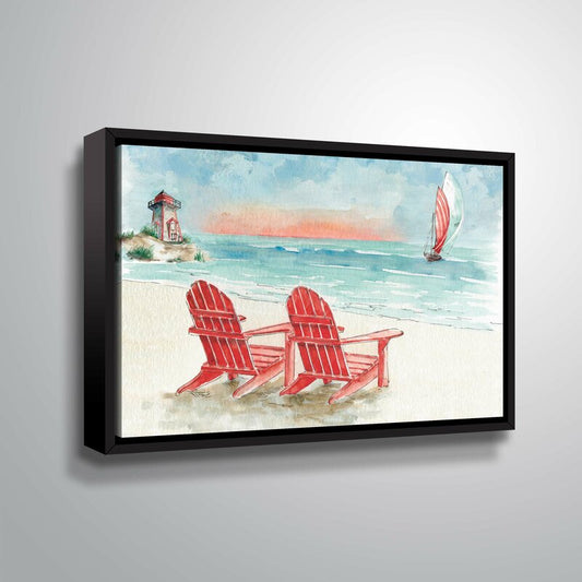 Tranquil Beach Scene with Red Adirondack Chairs and Sailboat