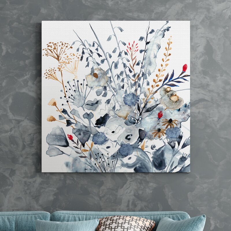 Elegant Floral Abstract in Indigo and Ochre Tones for Modern Decor