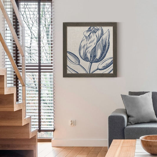 Indigo Floral Oil Painting on Linen - Elegant Framed Artwork for Home Decor