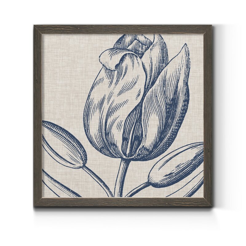 Indigo Floral Oil Painting on Linen - Elegant Framed Artwork for Home Decor