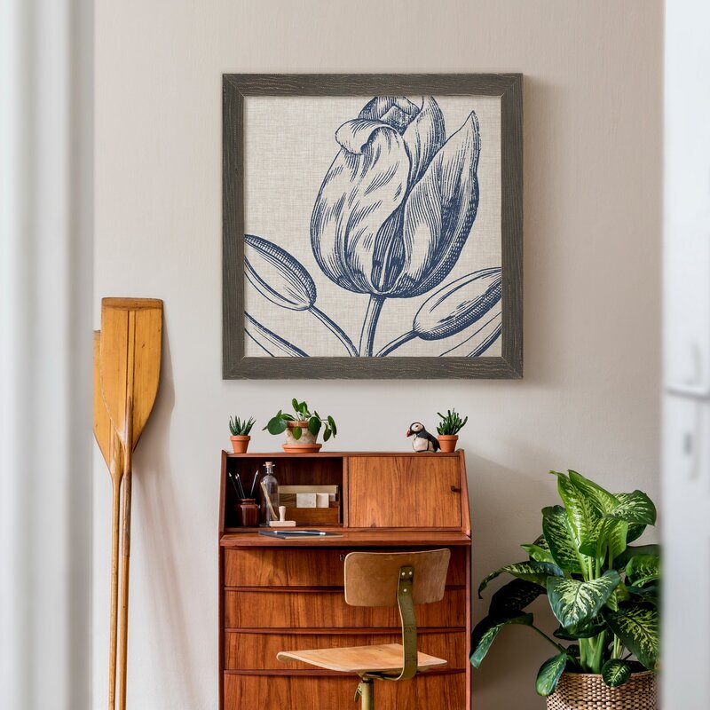 Indigo Floral Oil Painting on Linen - Elegant Framed Artwork for Home Decor