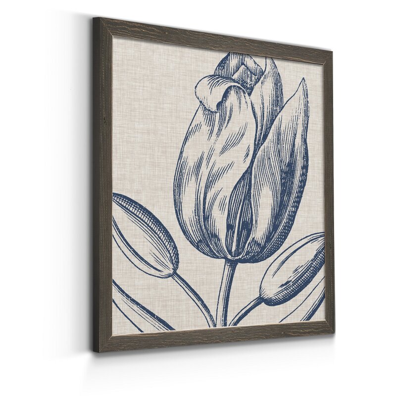 Indigo Floral Oil Painting on Linen - Elegant Framed Artwork for Home Decor