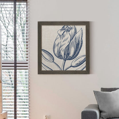 Indigo Floral Oil Painting on Linen - Elegant Framed Artwork for Home Decor