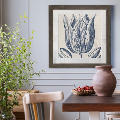 Indigo Floral Art on Linen - Elegant Framed Oil Painting for Home D√©cor