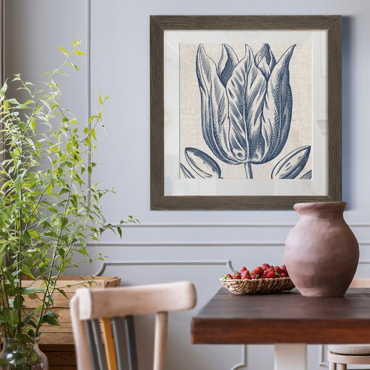 Indigo Floral Art on Linen - Elegant Framed Oil Painting for Home D√©cor