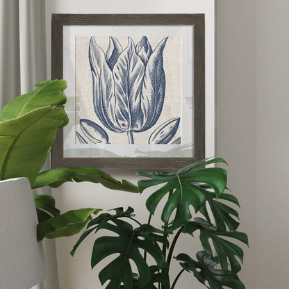Indigo Floral Art on Linen - Elegant Framed Oil Painting for Home D√©cor