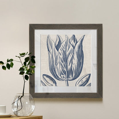 Indigo Floral Art on Linen - Elegant Framed Oil Painting for Home D√©cor