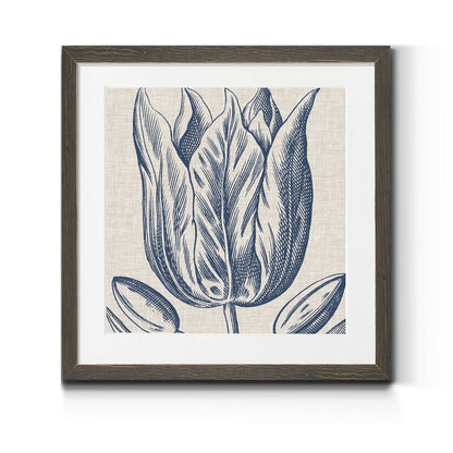 Indigo Floral Art on Linen - Elegant Framed Oil Painting for Home D√©cor