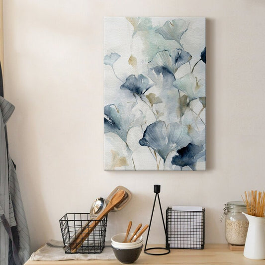 Elegant Indigo Ginkgo Floral Oil Painting for Modern Home Decor
