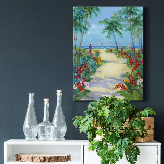 Tropical Beach Pathway Oil Painting with Palm Trees and Vibrant Flowers