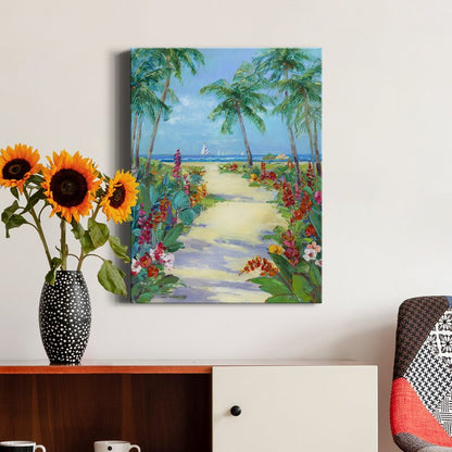 Tropical Beach Pathway Oil Painting with Palm Trees and Vibrant Flowers