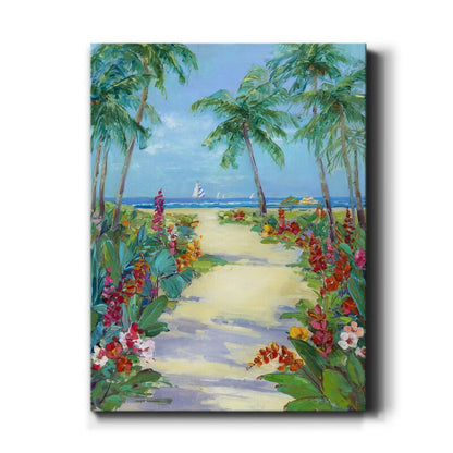 Tropical Beach Pathway Oil Painting with Palm Trees and Vibrant Flowers