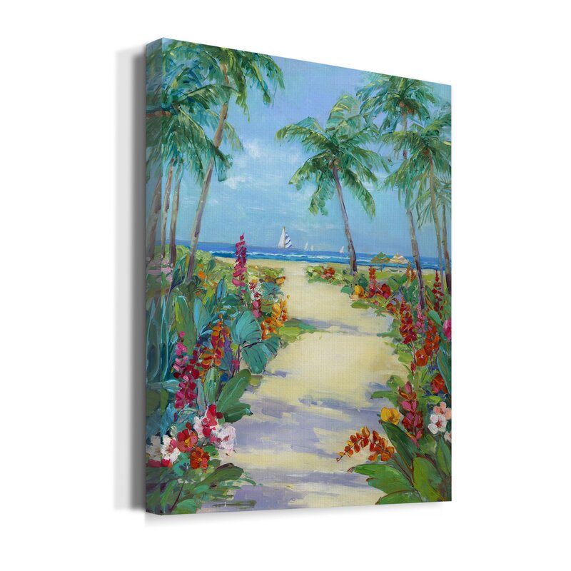 Tropical Beach Pathway Oil Painting with Palm Trees and Vibrant Flowers