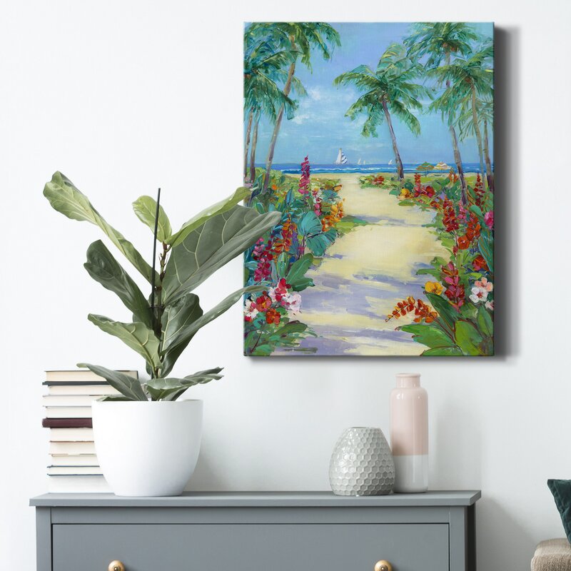 Tropical Beach Pathway Oil Painting with Palm Trees and Vibrant Flowers