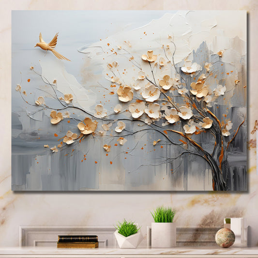 Elegant Beige and Gold Floral Tree Oil Painting for Sophisticated Home Decor