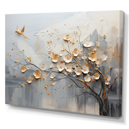 Elegant Beige and Gold Floral Tree Oil Painting for Sophisticated Home Decor
