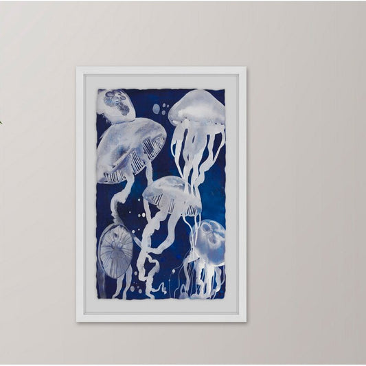 Whimsical Jellyfish Oil Painting in Deep Blue Ocean Background