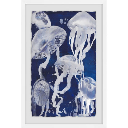 Whimsical Jellyfish Oil Painting in Deep Blue Ocean Background