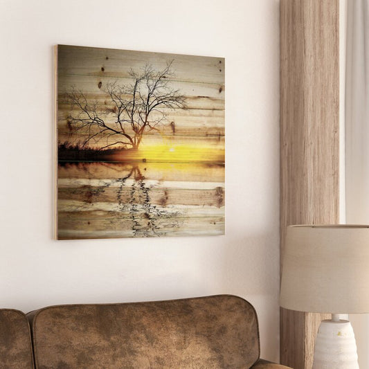 Serene Sunset Landscape Oil Painting with Tree Reflection on Water