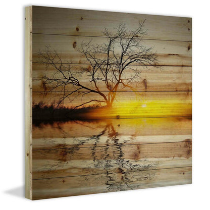 Serene Sunset Landscape Oil Painting with Tree Reflection on Water