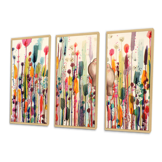 Vibrant Abstract Oil Painting Triptych of Colorful Flowers and Leaves