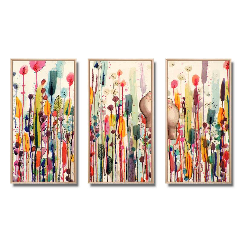 Vibrant Abstract Oil Painting Triptych of Colorful Flowers and Leaves