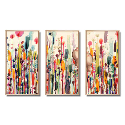 Vibrant Abstract Oil Painting Triptych of Colorful Flowers and Leaves