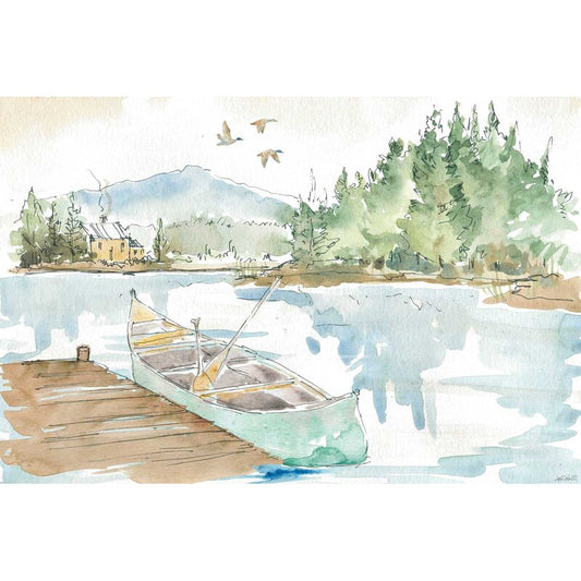Serene Lakehouse Landscape with Canoe and Tranquil Waters