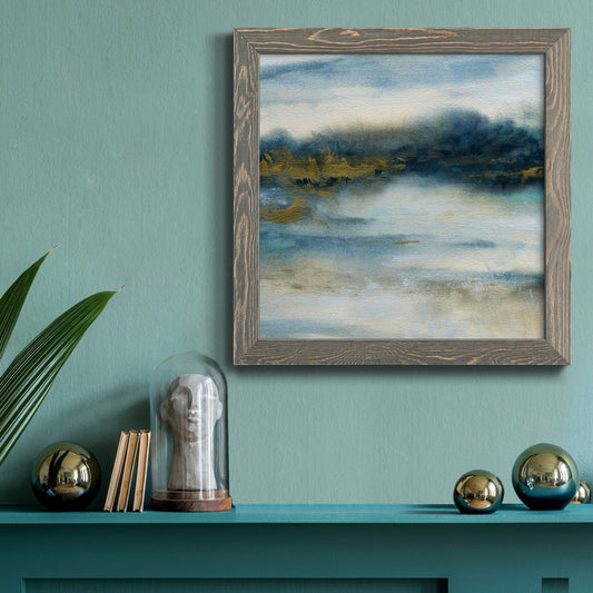 Serene Coastal Scene: Tranquil Blue and Gold Abstract Oil Painting for Home Decor