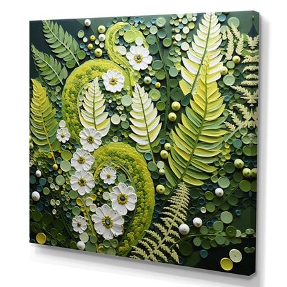 Whimsical Green Ferns and Floral Abstract Oil Painting for Nature Lovers