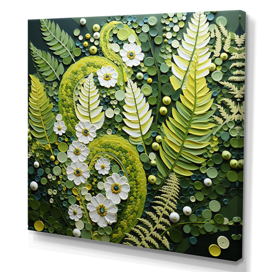 Whimsical Green Ferns and Floral Abstract Oil Painting for Nature Lovers